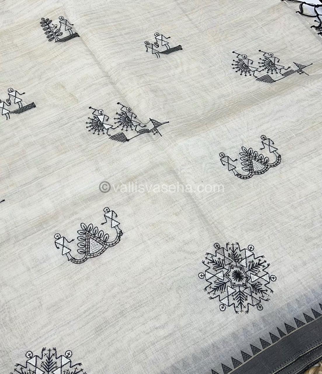 Semi Tussar Embroidery - Cream with Greyish Black Combo - VVSTE001