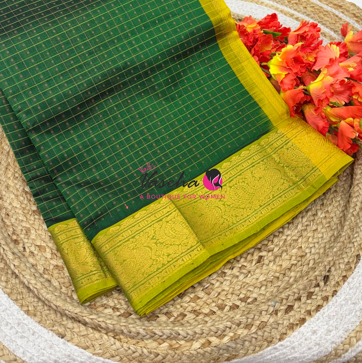 Pure Silk Cotton Saree - Green With Lemon Yellow Shade - Lakshadeepam Design - VVPLD001
