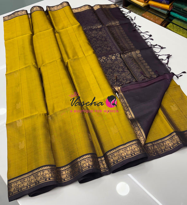 Pure Soft Silk Saree - Mustard Yellow & Brown Shade - VVPSS099