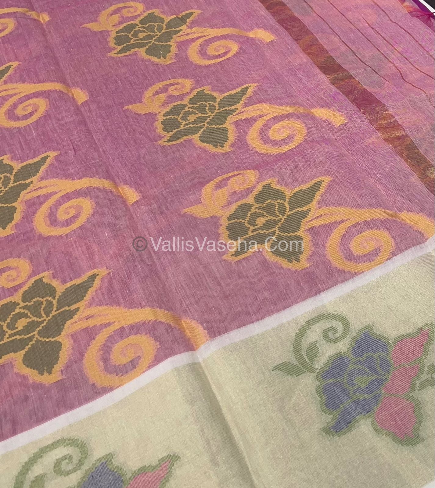 Banarasi Pochampally Weaving Semi Soft Cotton Saree - Purplish Pink with Cream - VVBPS001