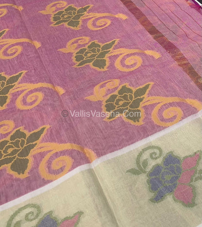 Banarasi Pochampally Weaving Semi Soft Cotton Saree - Purplish Pink with Cream - VVBPS001