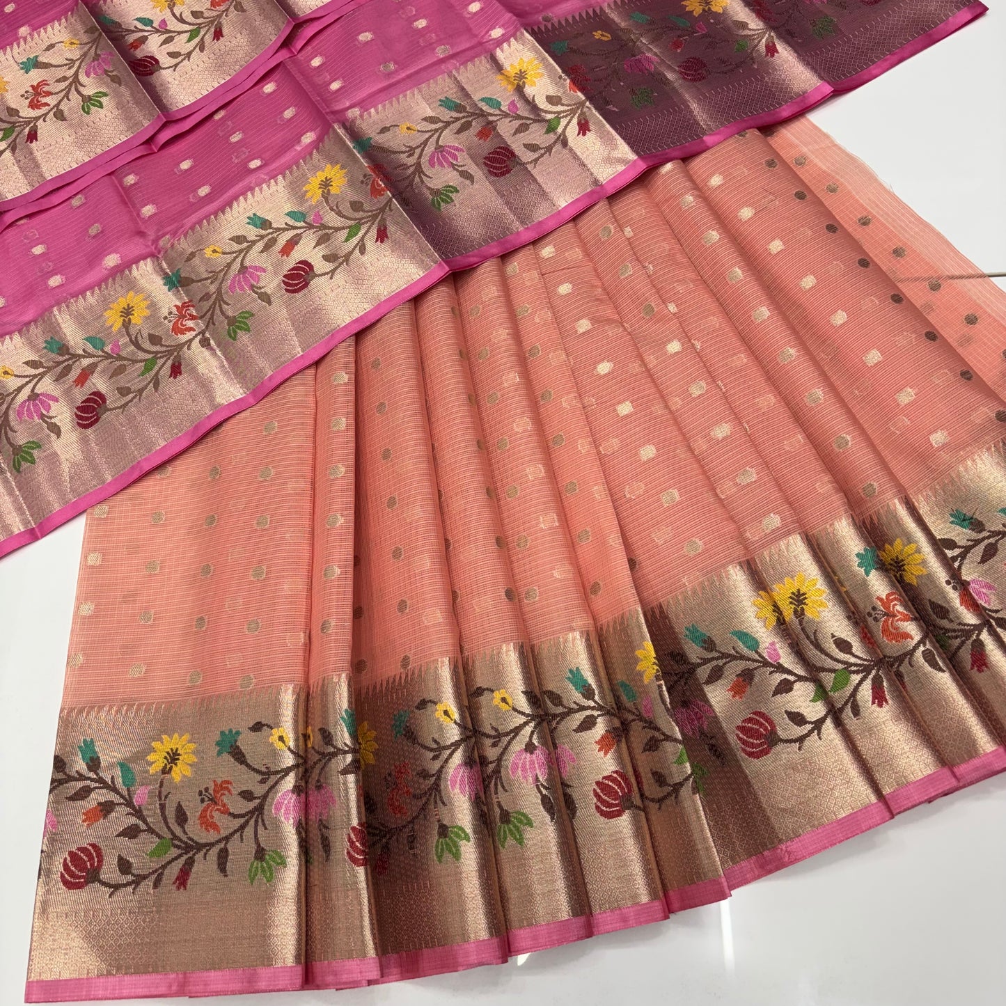 Unstitched - Lehenga Material - Zari Kota Tissue -  Peach & Pink - VVULM001