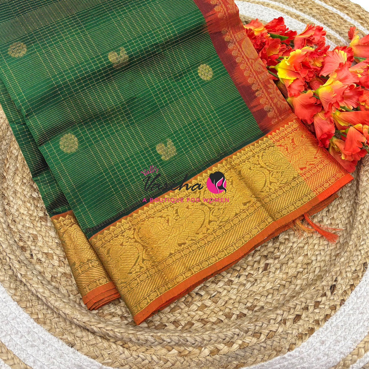 Pure Silk Cotton Saree - Vairavoosi Checks - Mayil & Chakkaram - VVMCV001