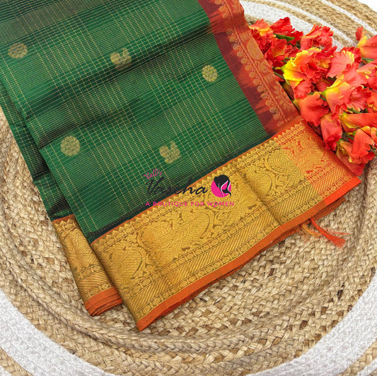 Pure Silk Cotton Saree - Vairavoosi Checks - Mayil & Chakkaram - VVMCV001