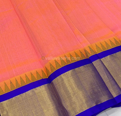 Pure Korvai Silk Cotton Saree - Peach with Blue Combo - Temple border - VVKSC001