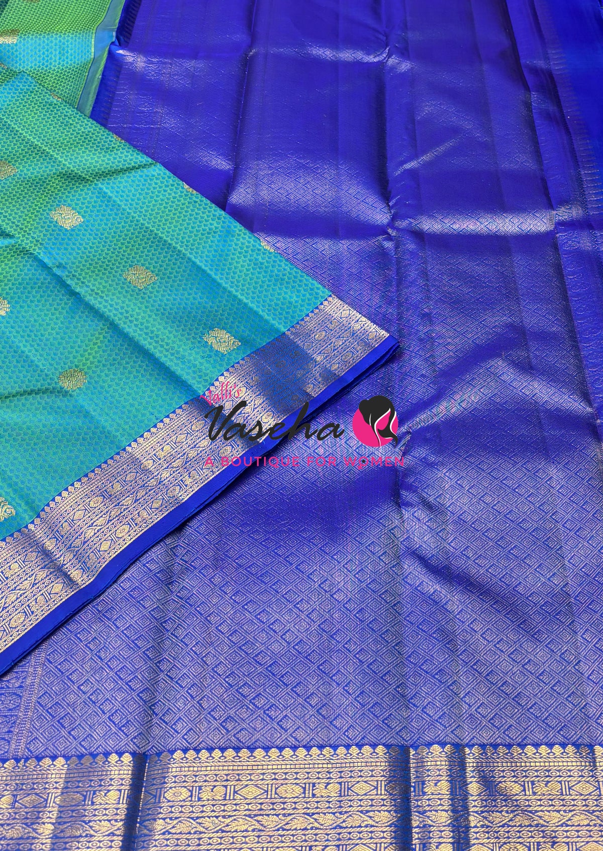 Pure Kanchipuram Silk Saree - Jacquard Design - Dual Tone Green & Blue Combo - VVPS023