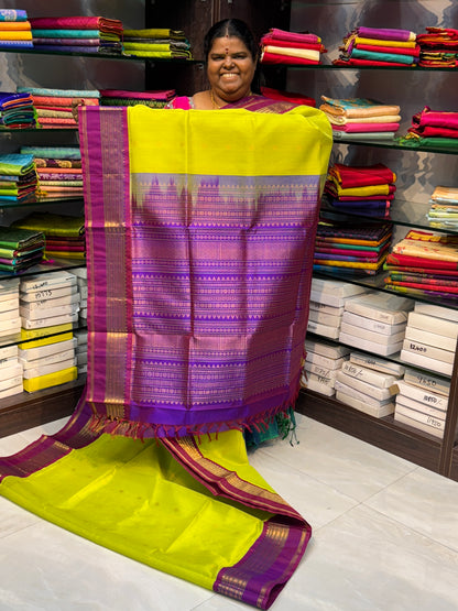 Pure Korvai Silk Cotton Saree - Lemon Green with Purple - Retta Petta border - VVKSC004