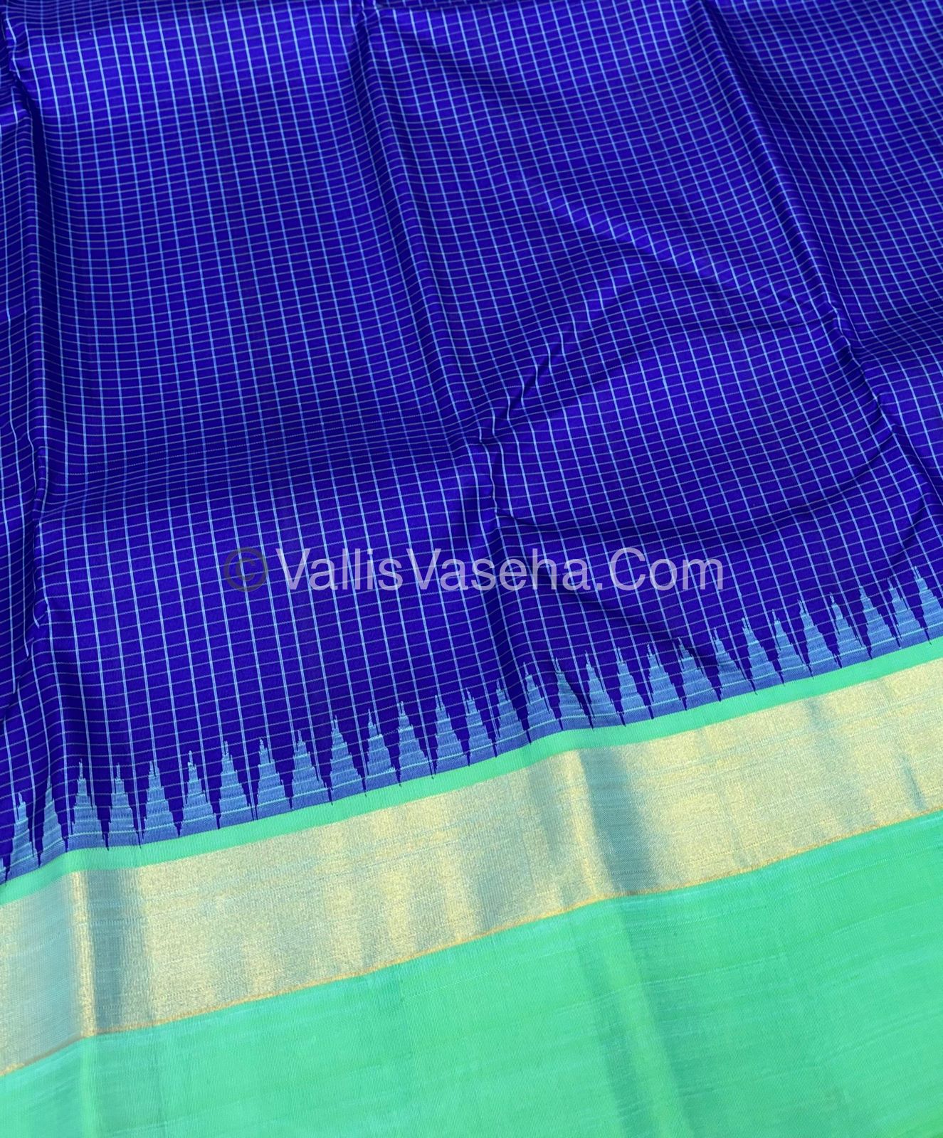 Pure Kanchipuram Silk Saree - Blue With Green Combo - VVPS025