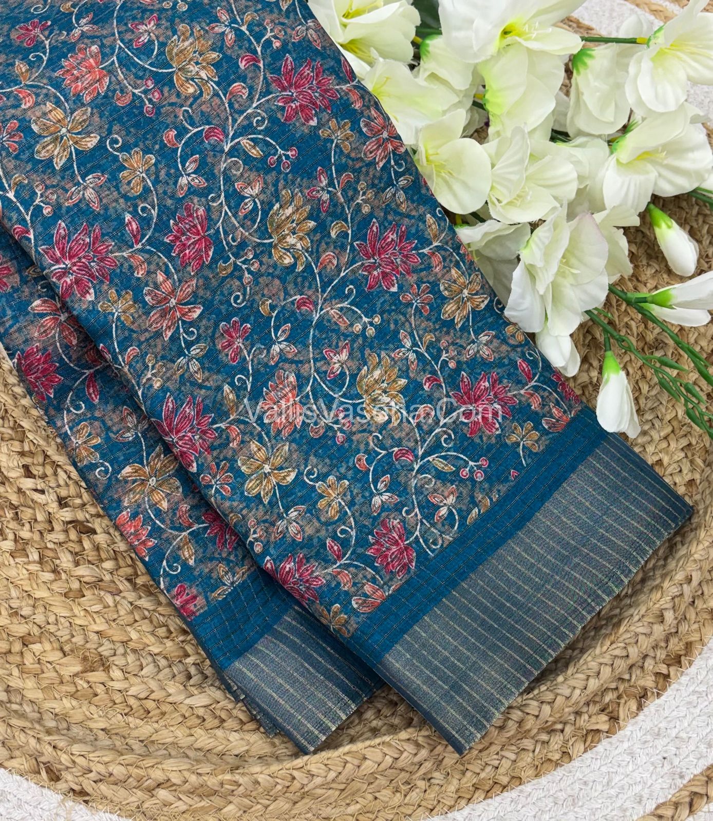 Light Weight Fancy Mixed Kota Cotton - Floral Design Printed Saree - Ramar Blue Shade - VVKPC002