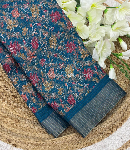 Light Weight Fancy Mixed Kota Cotton - Floral Design Printed Saree - Ramar Blue Shade - VVKPC002