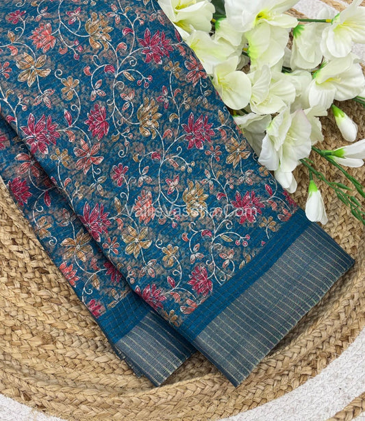 Light Weight Fancy Mixed Kota Cotton - Floral Design Printed Saree - Ramar Blue Shade - VVKPC002