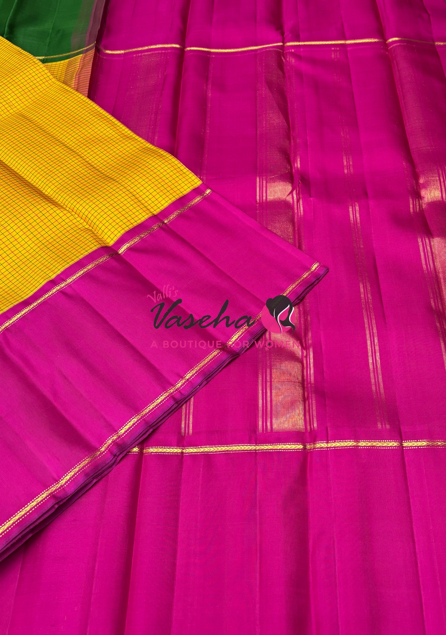 Pure Vintage Korvai Kanchipuram Silk Saree - Ganga Jamuna Style - Yellow & Pink/Green Combo - VVPS053