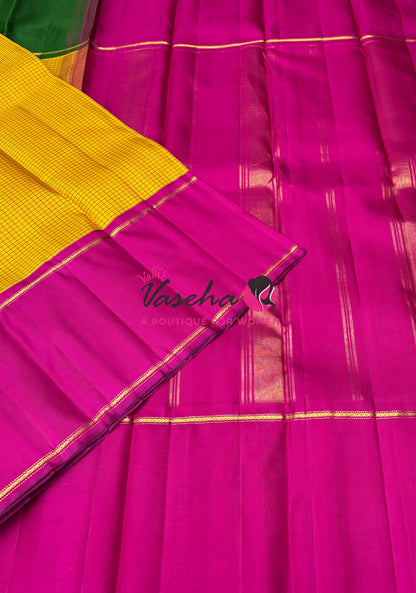 Pure Vintage Korvai Kanchipuram Silk Saree - Ganga Jamuna Style - Yellow & Pink/Green Combo - VVPS053