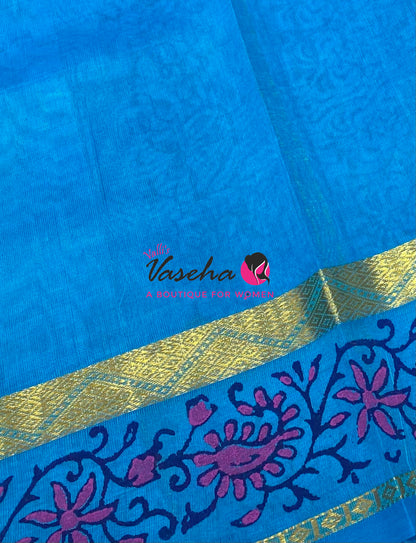 Pure Printed Silk Cotton Sarees - Blue with Blue    - VVPSC004