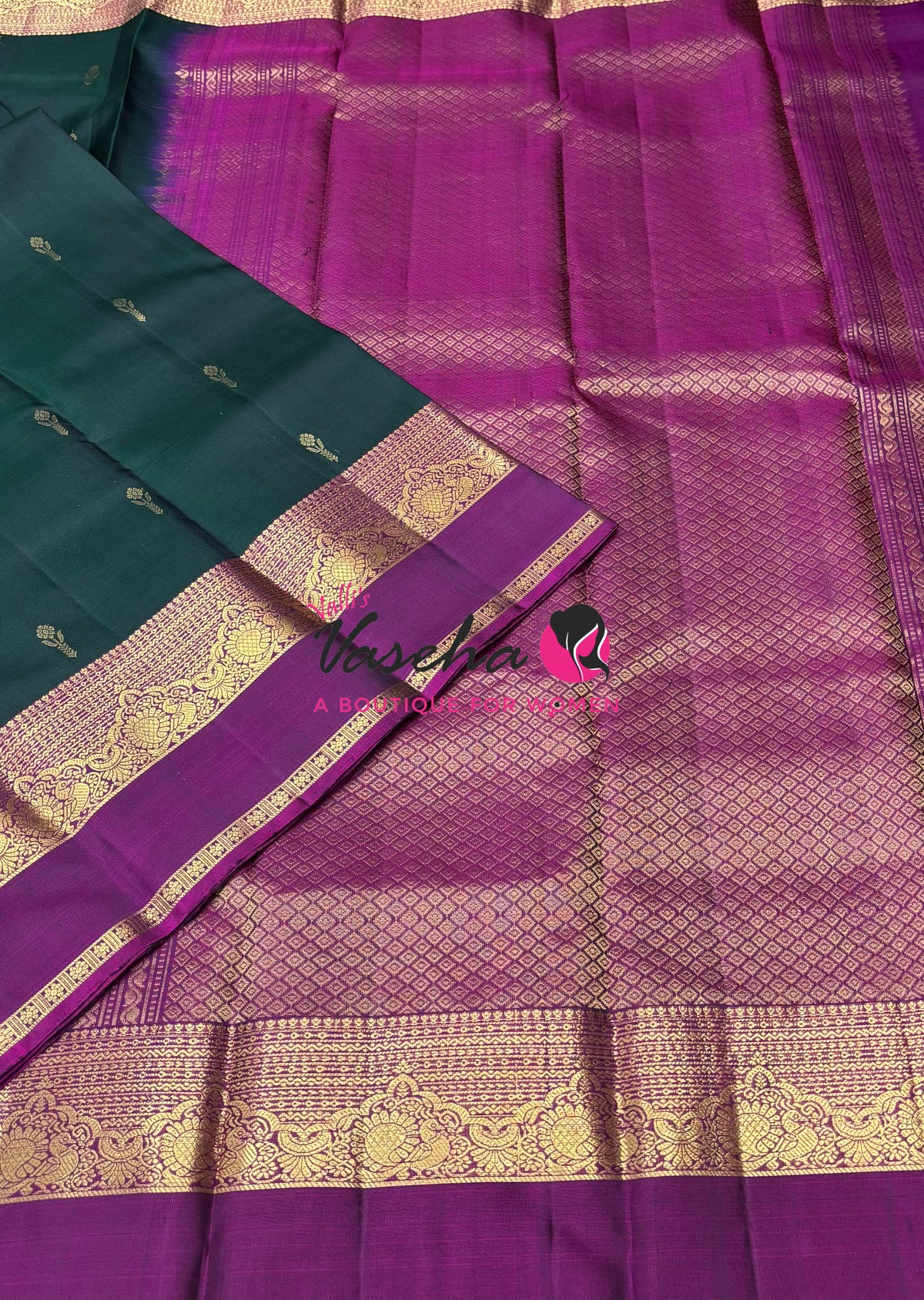 Pure Kanchipuram Silk Saree - Green & Purplish Pink Combo - VVPS046