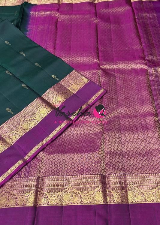 Pure Kanchipuram Silk Saree - Green & Purplish Pink Combo - VVPS046