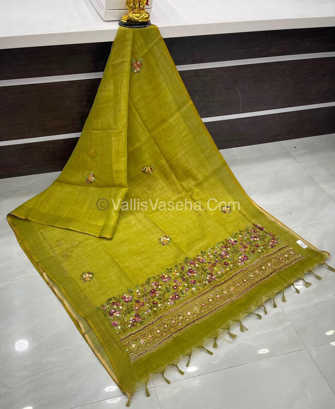 French Knot - Linen Tissue Saree - Green Shade - Heavy Work Blouse - VVLFN012
