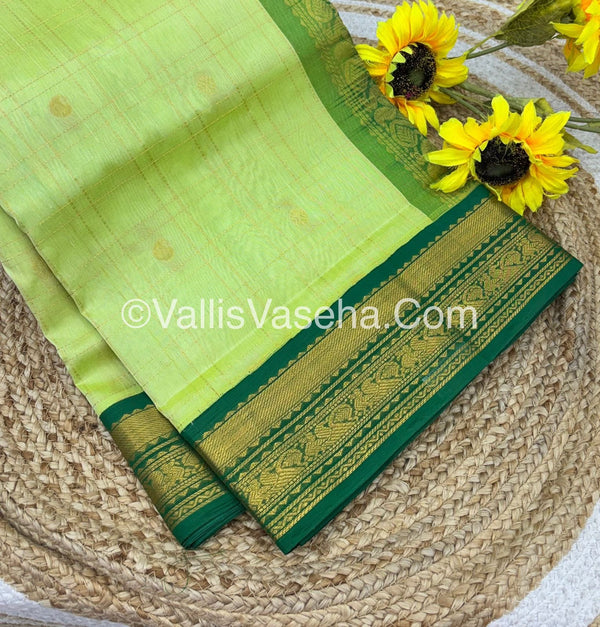 Pure Korvai Silk Cotton - Checks Pattern - Light Green  with Green Shade  - VVKSC035