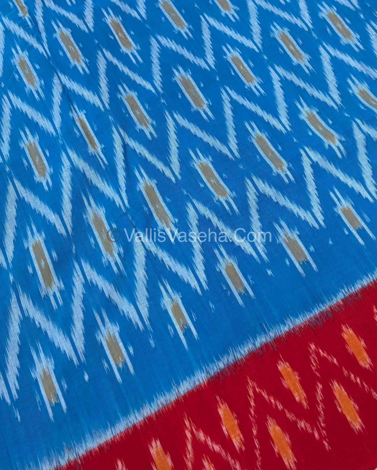 Double Ikkat Pure Cotton Saree -  Blue With Red  - VVIKS002