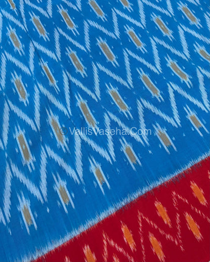 Double Ikkat Pure Cotton Saree -  Blue With Red  - VVIKS002