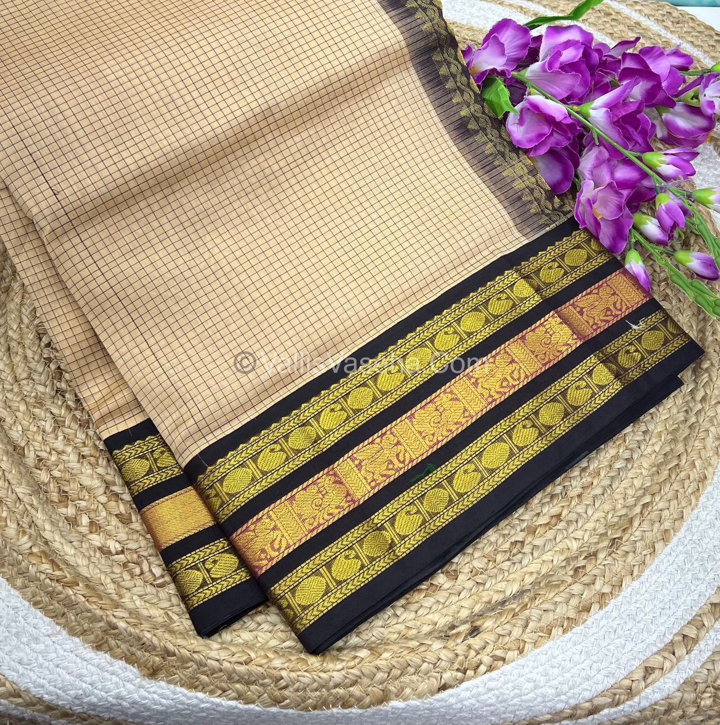 Pure Korvai Silk Cotton - Cream with Wine Brown - Checks Pattern - VVKSC024
