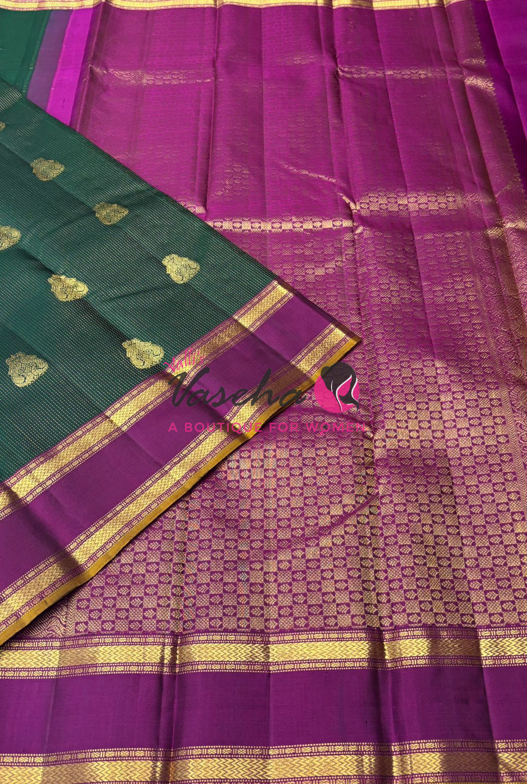 Pure Kanchipuram Silk Saree - Vairavoosi Design  - Green & Purplish Pink Combo - VVPS014