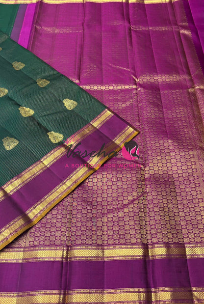Pure Kanchipuram Silk Saree - Vairavoosi Design  - Green & Purplish Pink Combo - VVPS014
