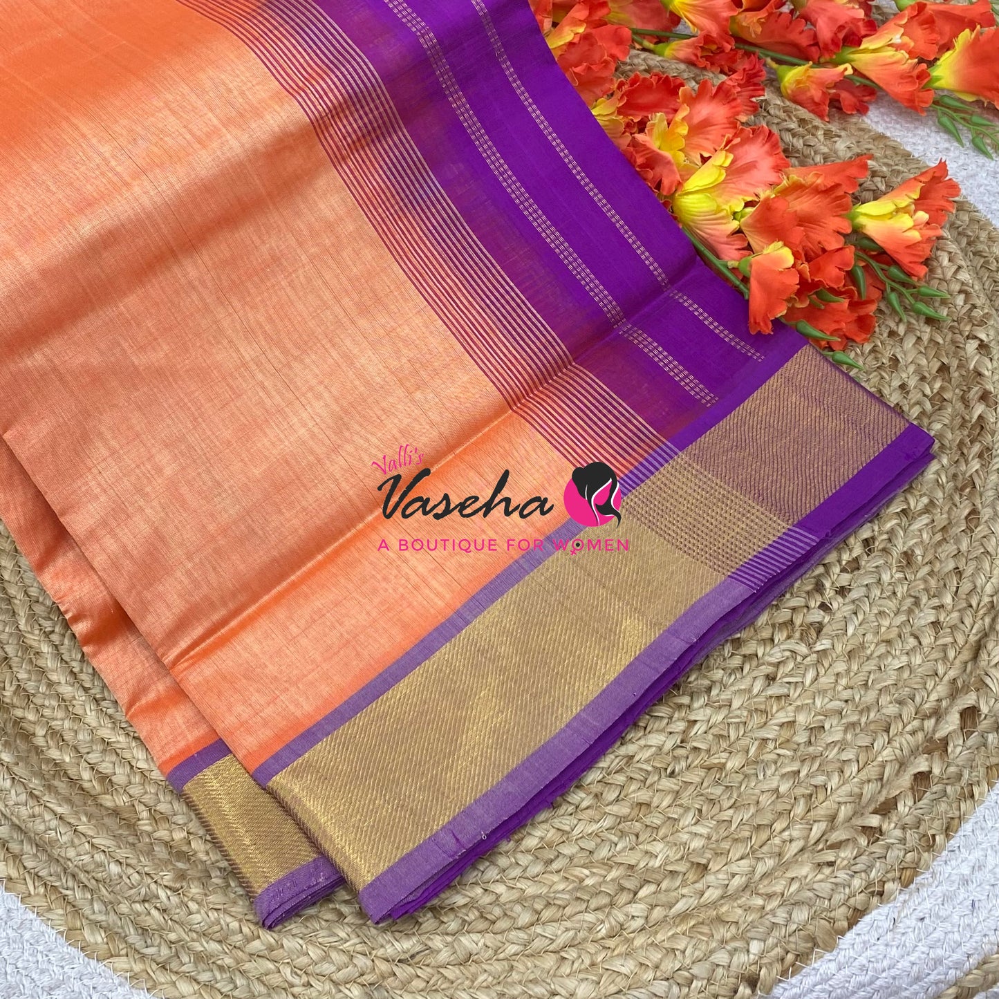 Pure Silk Cotton Sarees - Double Orange With Purple - VVPSC003