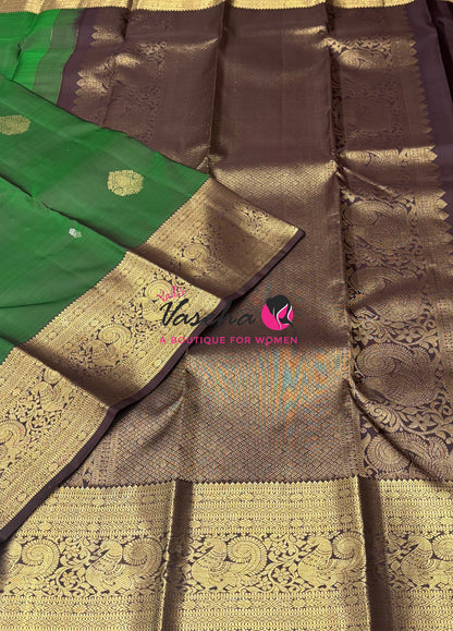 Pure Kanchipuram Silk Saree - Green  With Brown - VVPS094