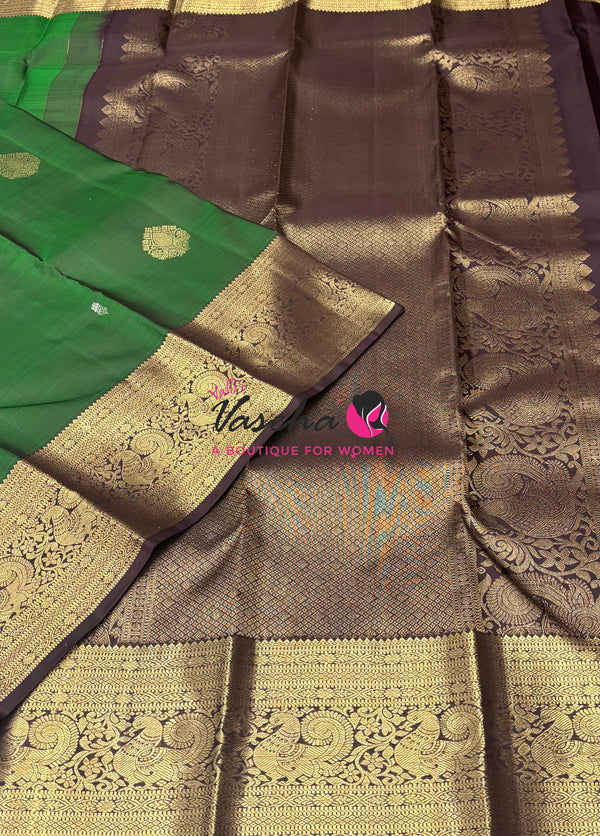 Pure Kanchipuram Silk Saree - Green  With Brown - VVPS094
