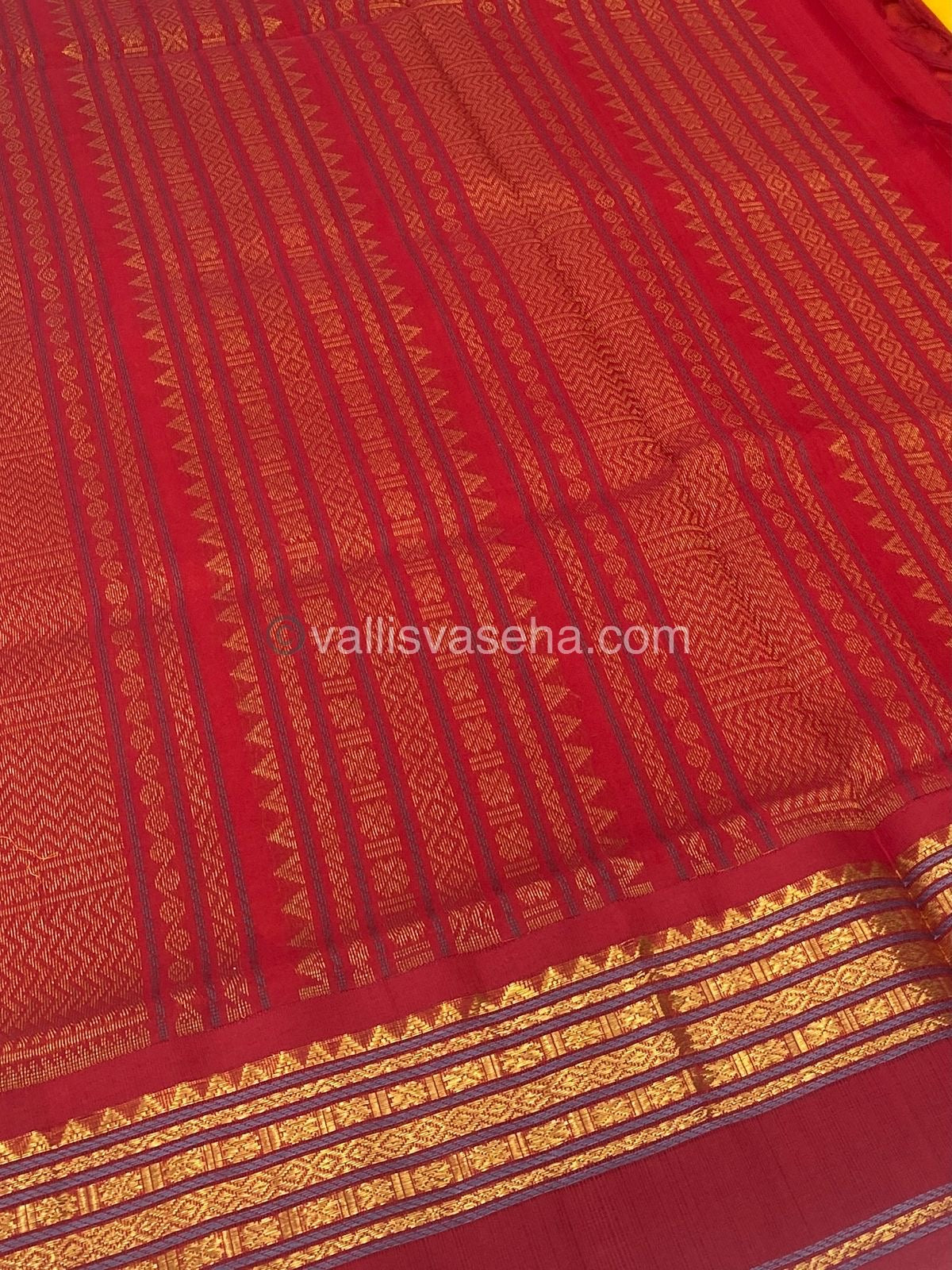 Pure Korvai Silk Cotton Saree - Yellow  with Red - Retta Petta border - VVKSC004