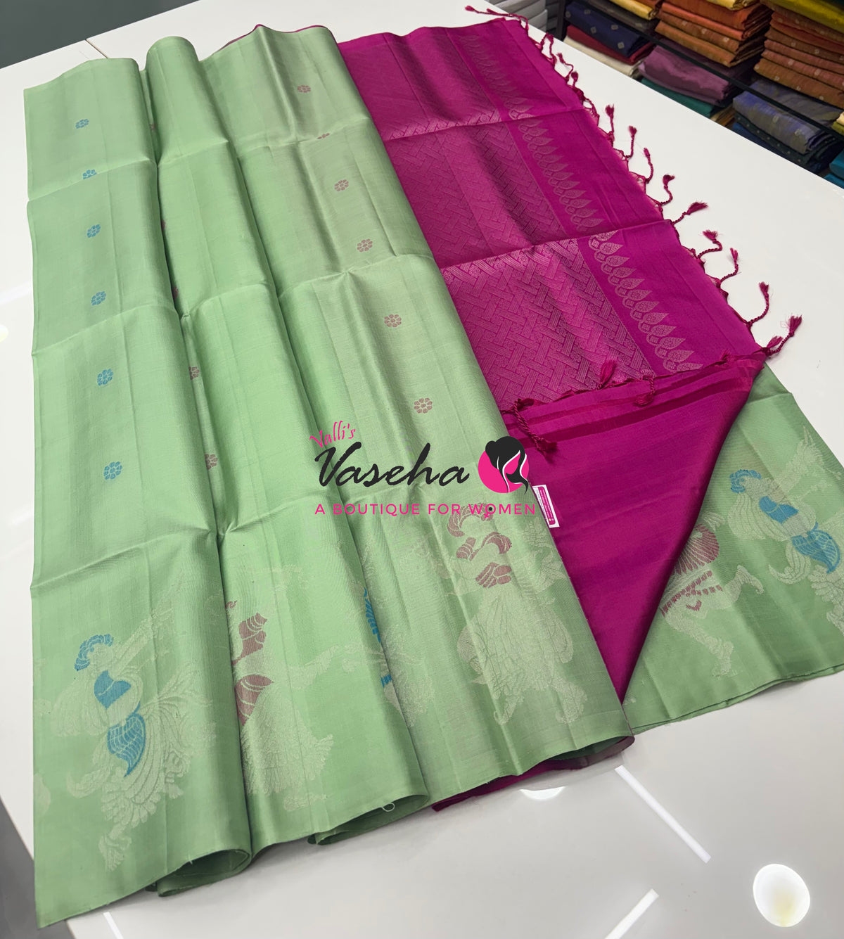 Pure Soft Silk Saree  - Pastel Green With Pink Combo - VVPSS139