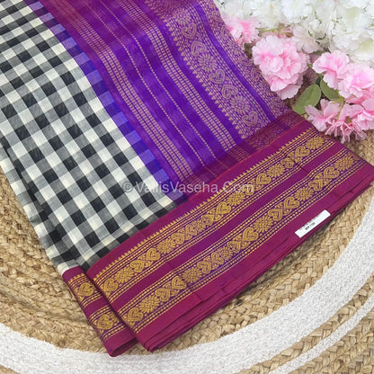 Pure Korvai Silk Cotton With Retta Petta Border -Black & White kattam pattern with Purple Combo - VVKSC003