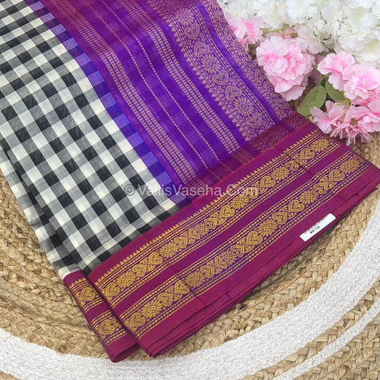 Pure Korvai Silk Cotton With Retta Petta Border -Black & White kattam pattern with Purple Combo - VVKSC003