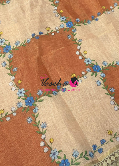 Linen Tissue Saree -  Light & Dark Combo - Dark Rust Orange Shade - VVLTS005
