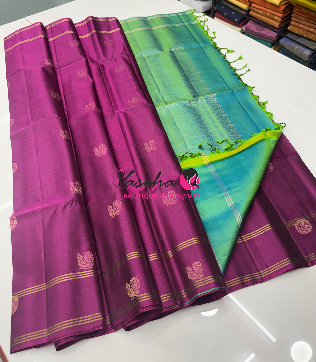 Pure Soft Silk Saree  - Purplish Pink & Dual Tone Green Combo - VVPSS136