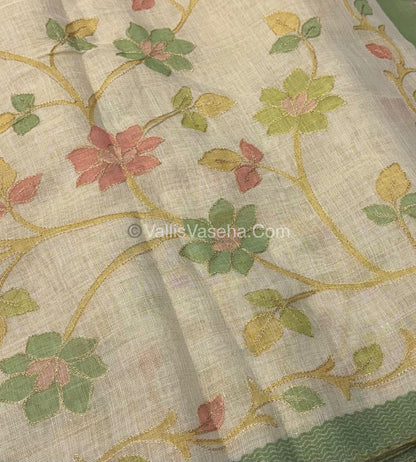 Tissue Linen Saree - Cream With Green Shade - VVTLS003