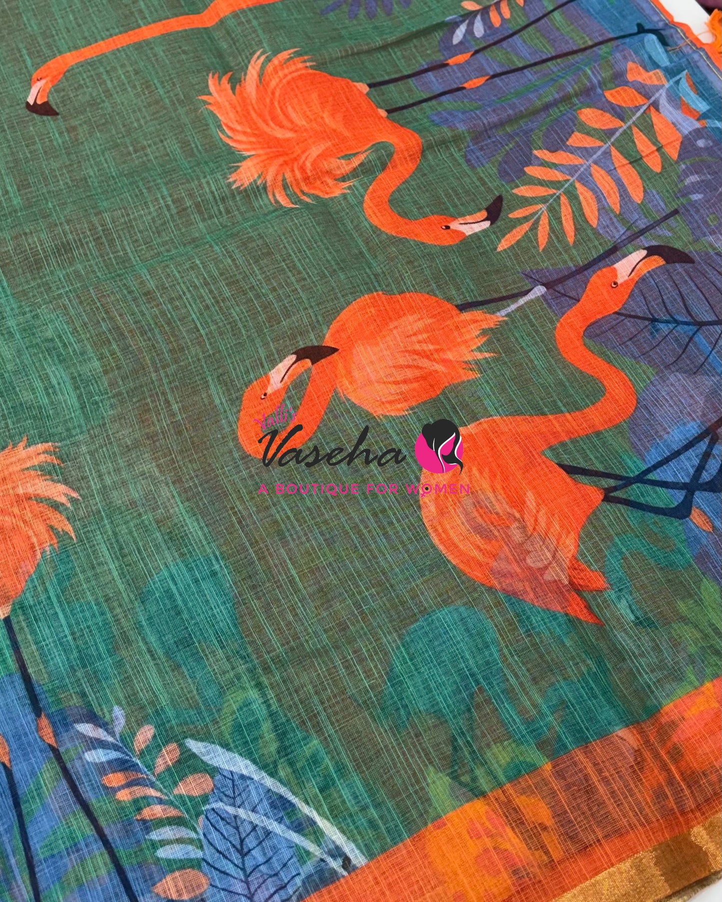Linen Mixed Cotton Saree - Printed - Green  With Orange Shade - VVLMP002