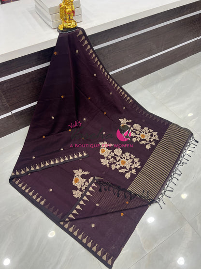 Bengal Kaddhi Cotton Saree | VVBKC001 |Wine Brown