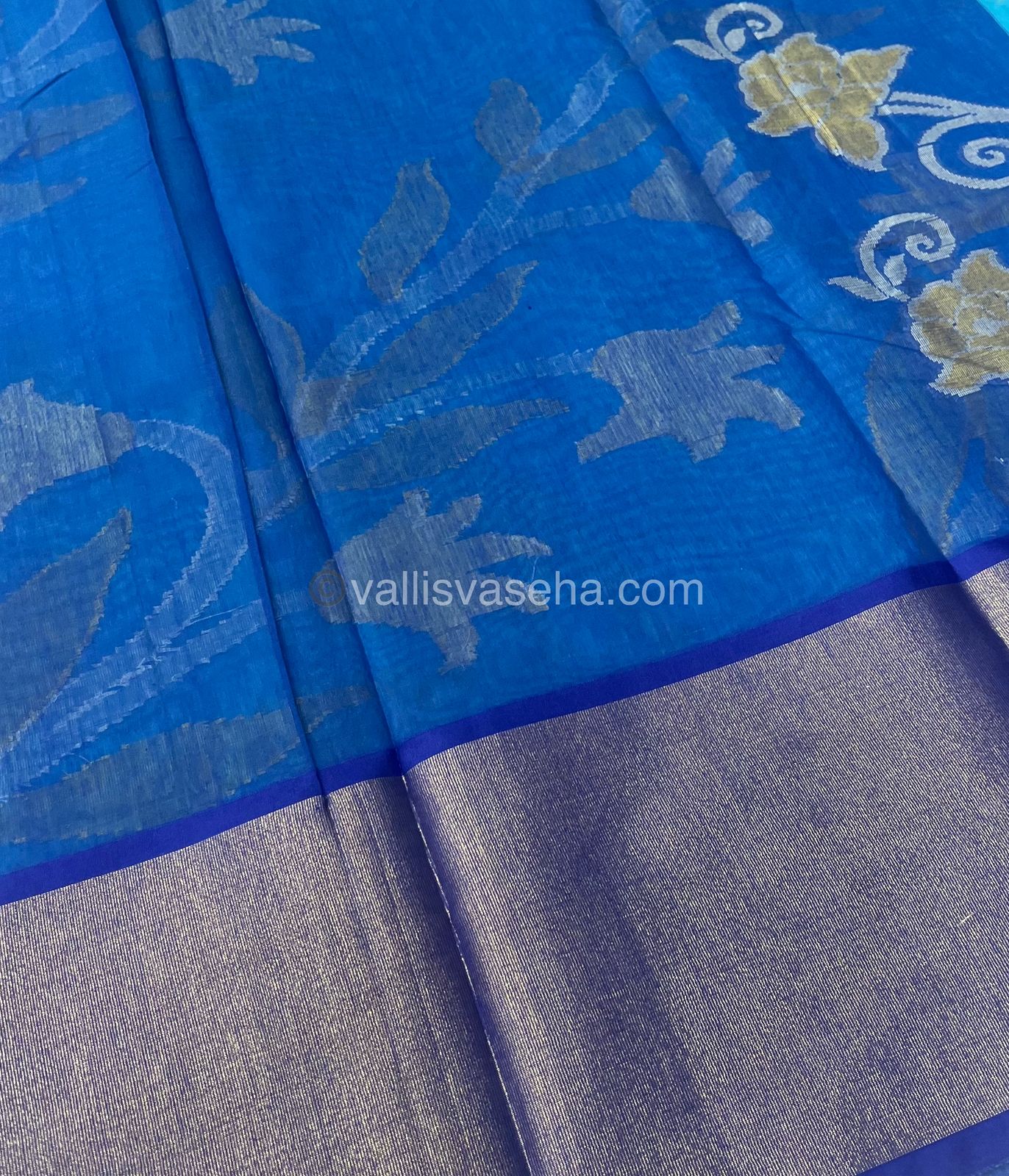 Banarasi Pochampally Weaving Semi Soft Cotton Saree - Light Blue with Dark Blue- VVBPS001