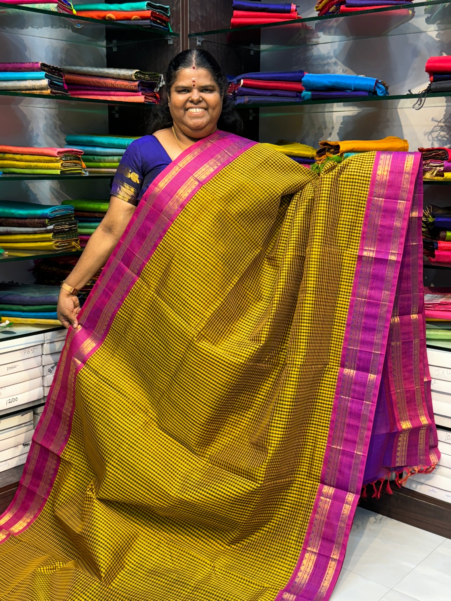 Pure Korvai Silk Cotton - Podi Kattam - Retta Petta Border - Lemon Green & Black with Purplish Pink - VVKSC005