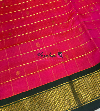 Pure Korvai Silk Cotton - Checks Pattern - Pink with Green Shade  - VVKSC015