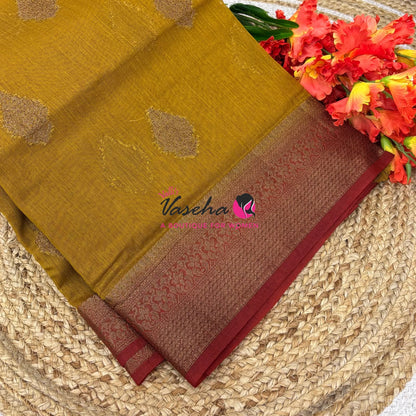 Bamboo Silk Saree - Mustard Yellow with Red - VVBSS018