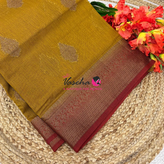 Bamboo Silk Saree - Mustard Yellow with Red - VVBSS018