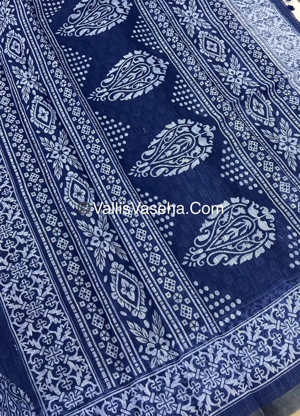 Linen Mixed Cotton Saree - Indigo Blue - Printed - VVLMP001