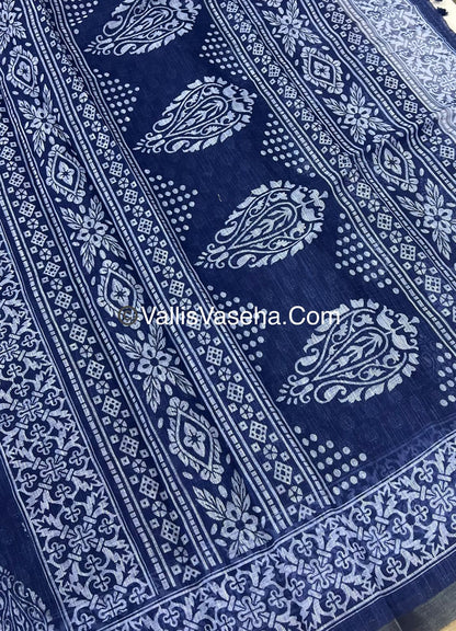 Linen Mixed Cotton Saree - Indigo Blue - Printed - VVLMP001