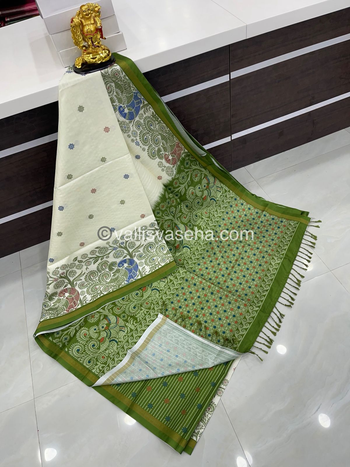Semi Tussar / Semi Chappa Silk |Peacock Design | - Cream & Green Combo - VVSTS018