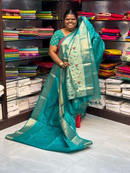 Semi Raw Silk - Paithani Design Weaving - Bluish Green Shade - VVRS005