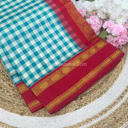 Pure Korvai Silk Cotton With Retta Petta Border - White & Bluish Green kattam pattern with Red  - VVKSC003