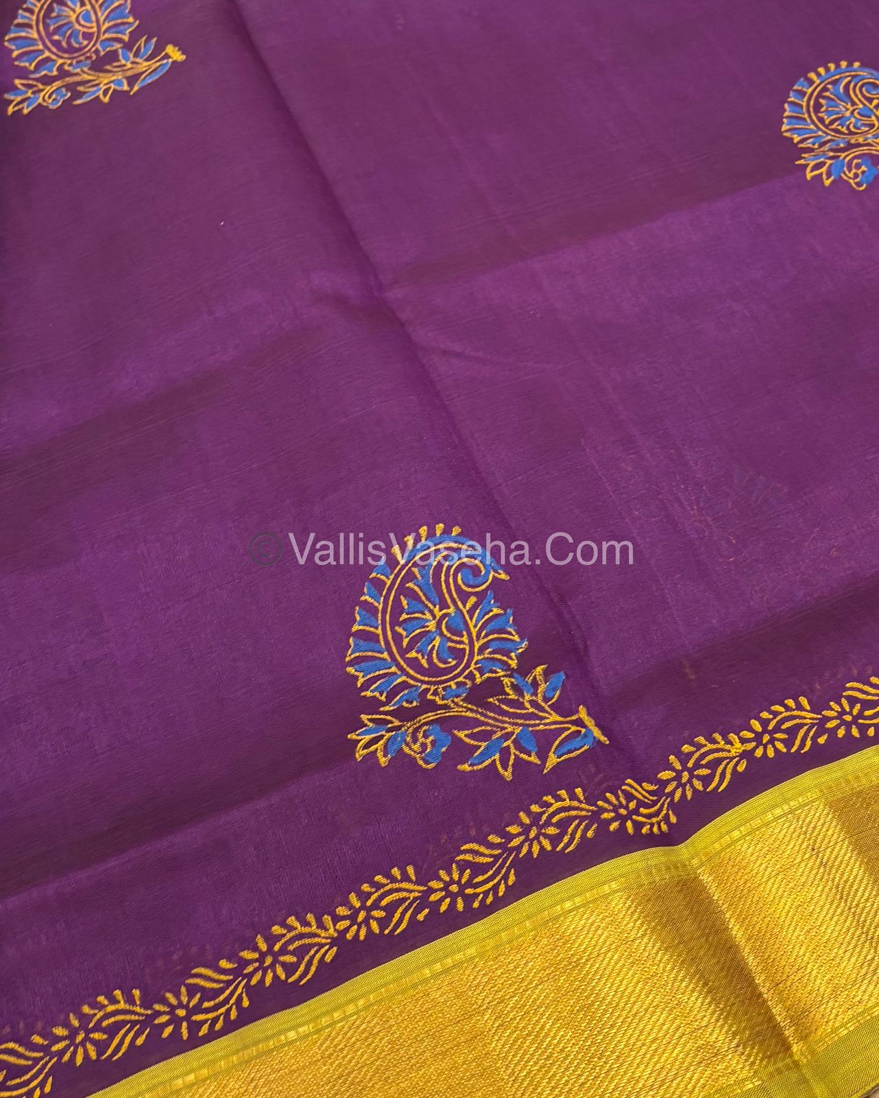 Pure Printed Silk Cotton Sarees - Purple with Yellow - VVPSC004